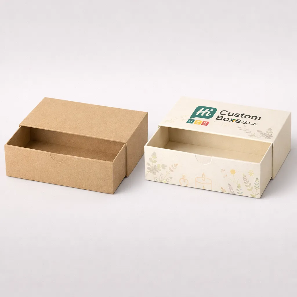 Two sliding drawer boxes, one rustic brown kraft and one cream with elegant floral and candle graphics. class=